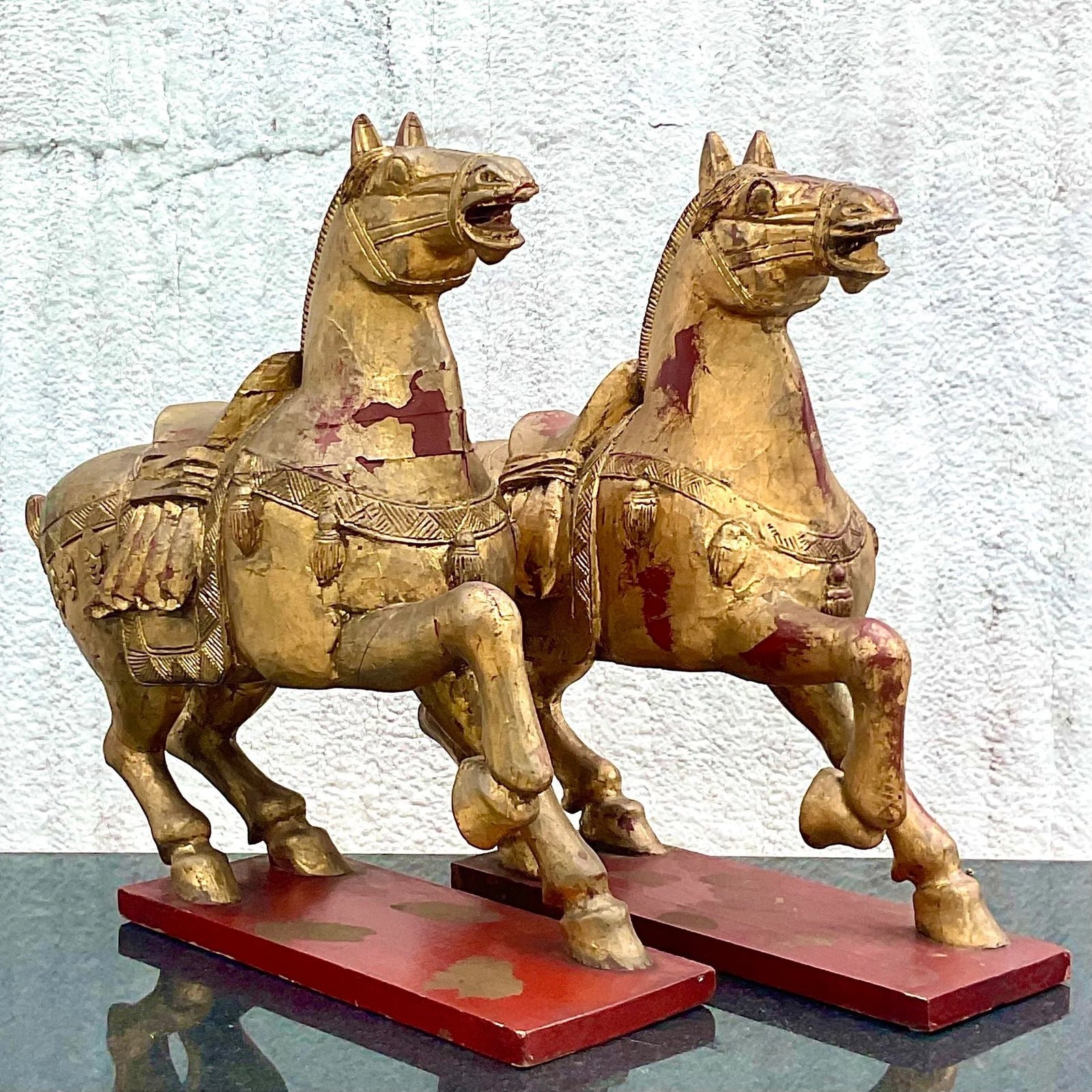 Vintage Asian Gilt Carved Wooden Emperor Horses - a Pair - Top view