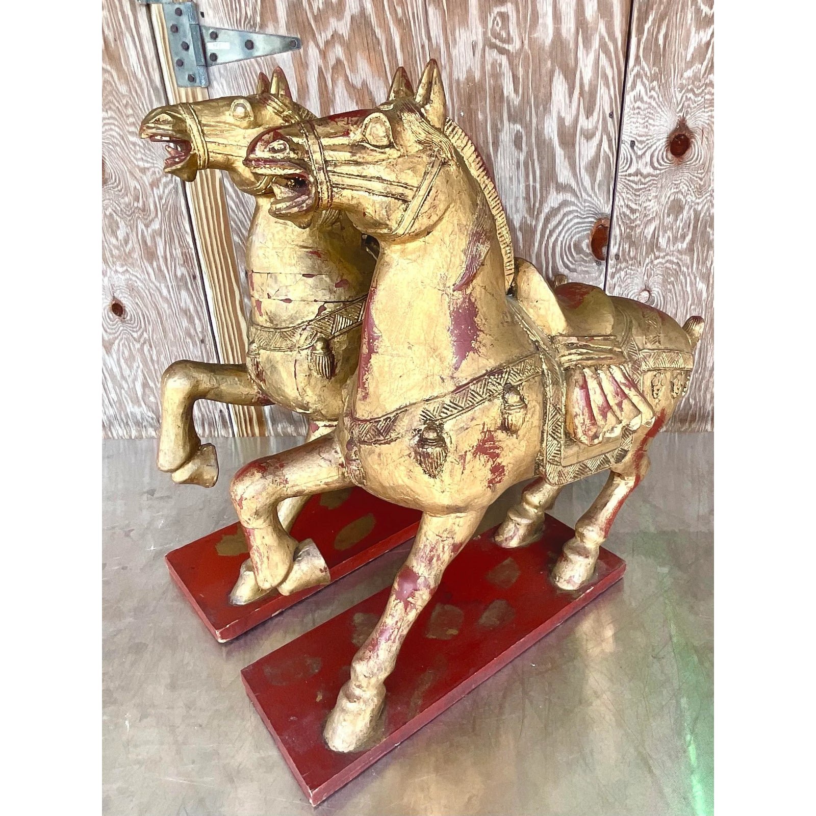 Vintage Asian Gilt Carved Wooden Emperor Horses - a Pair - Detail view