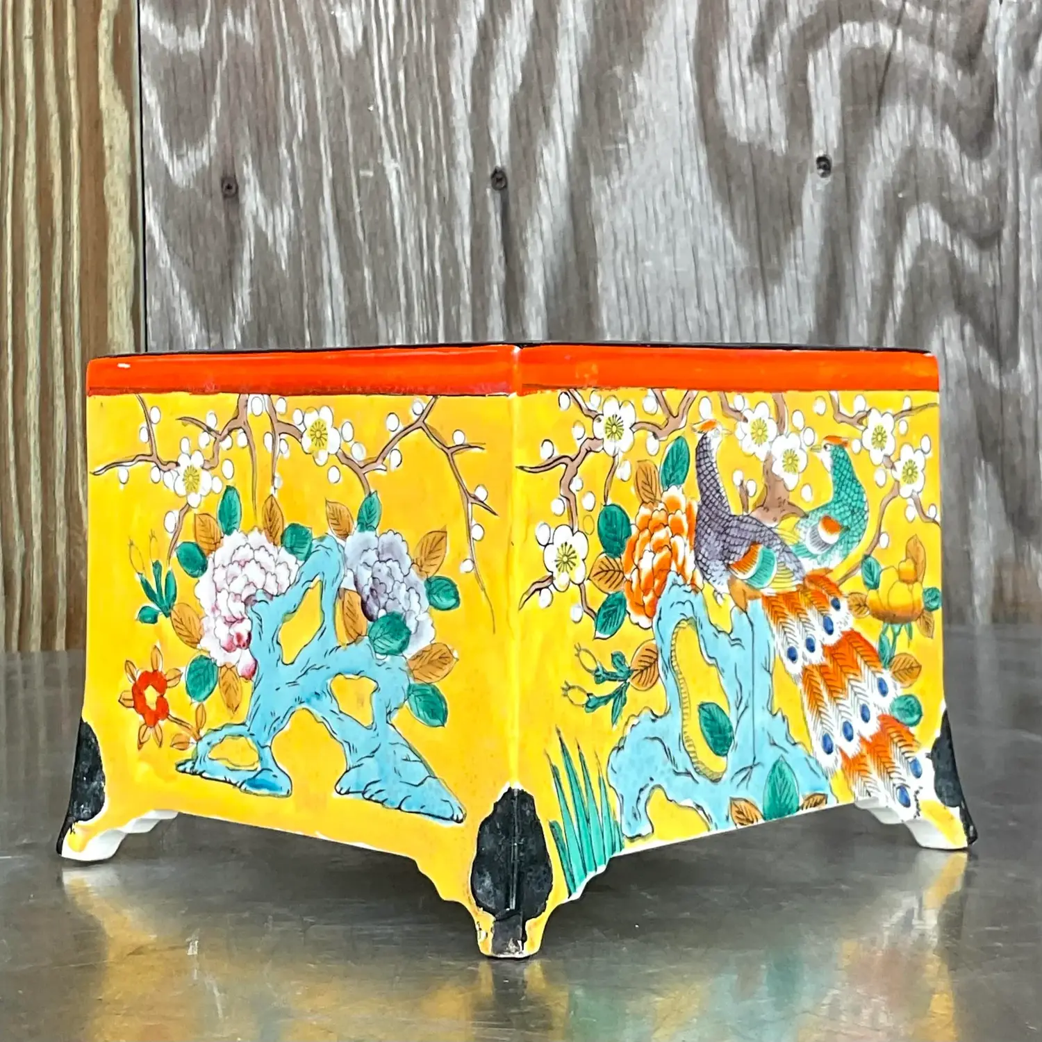Vintage Asian Glazed Ceramic Cache Pot - Detail view