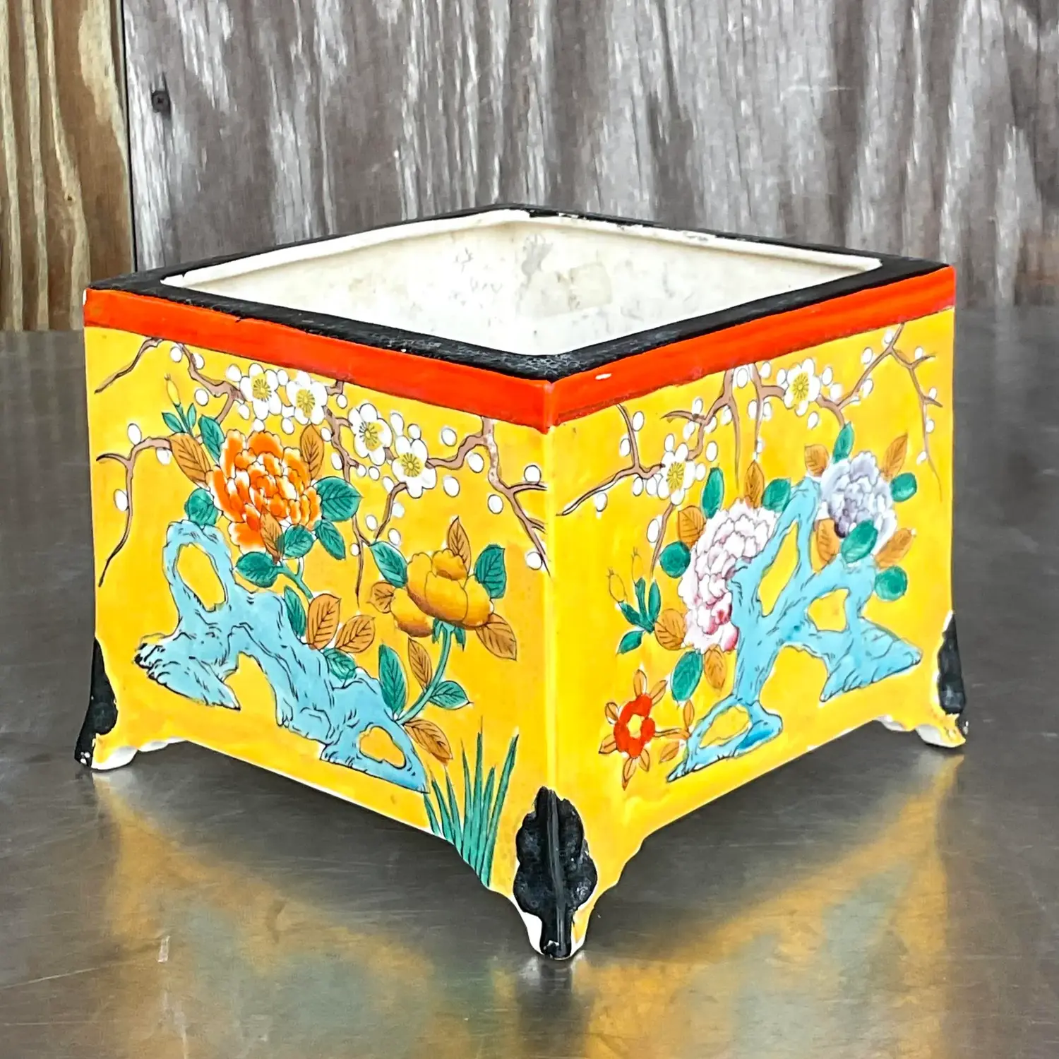 Vintage Asian Glazed Ceramic Cache Pot - Top view