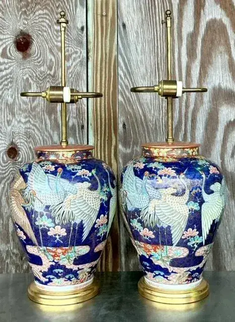 Vintage Asian Glazed Ceramic Crane Lamps - a Pair - Top view