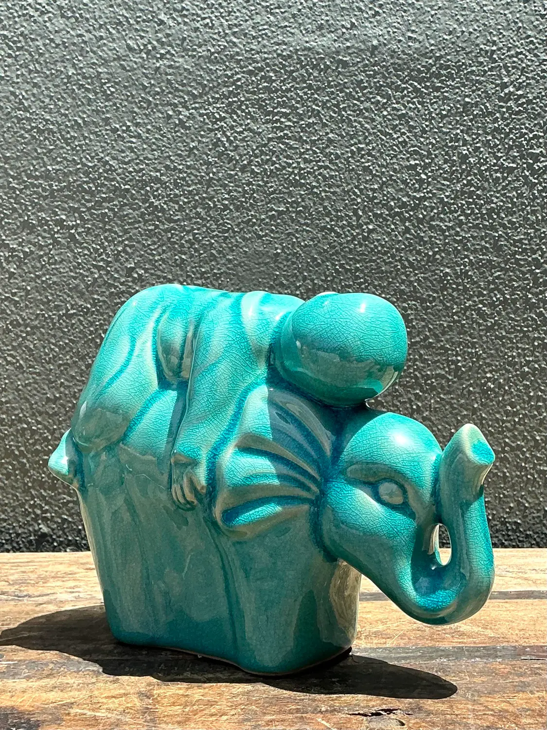 Vintage Asian Glazed Ceramic Elephant and Boy - Back view