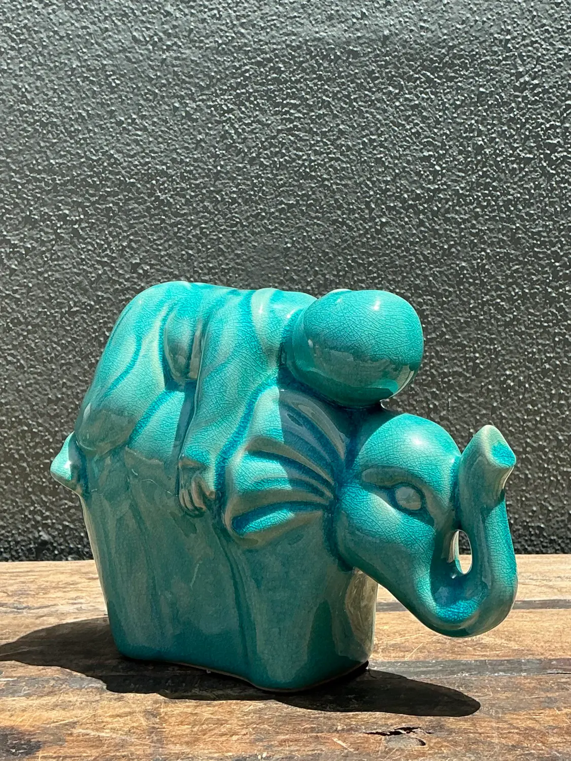 Vintage Asian Glazed Ceramic Elephant and Boy - Side view