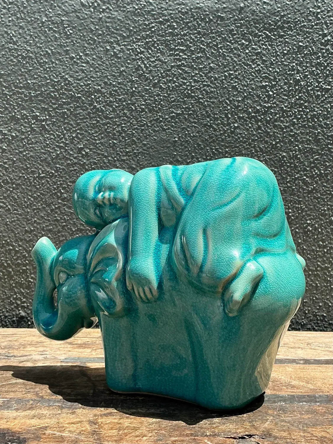 Vintage Asian Glazed Ceramic Elephant and Boy - Top view