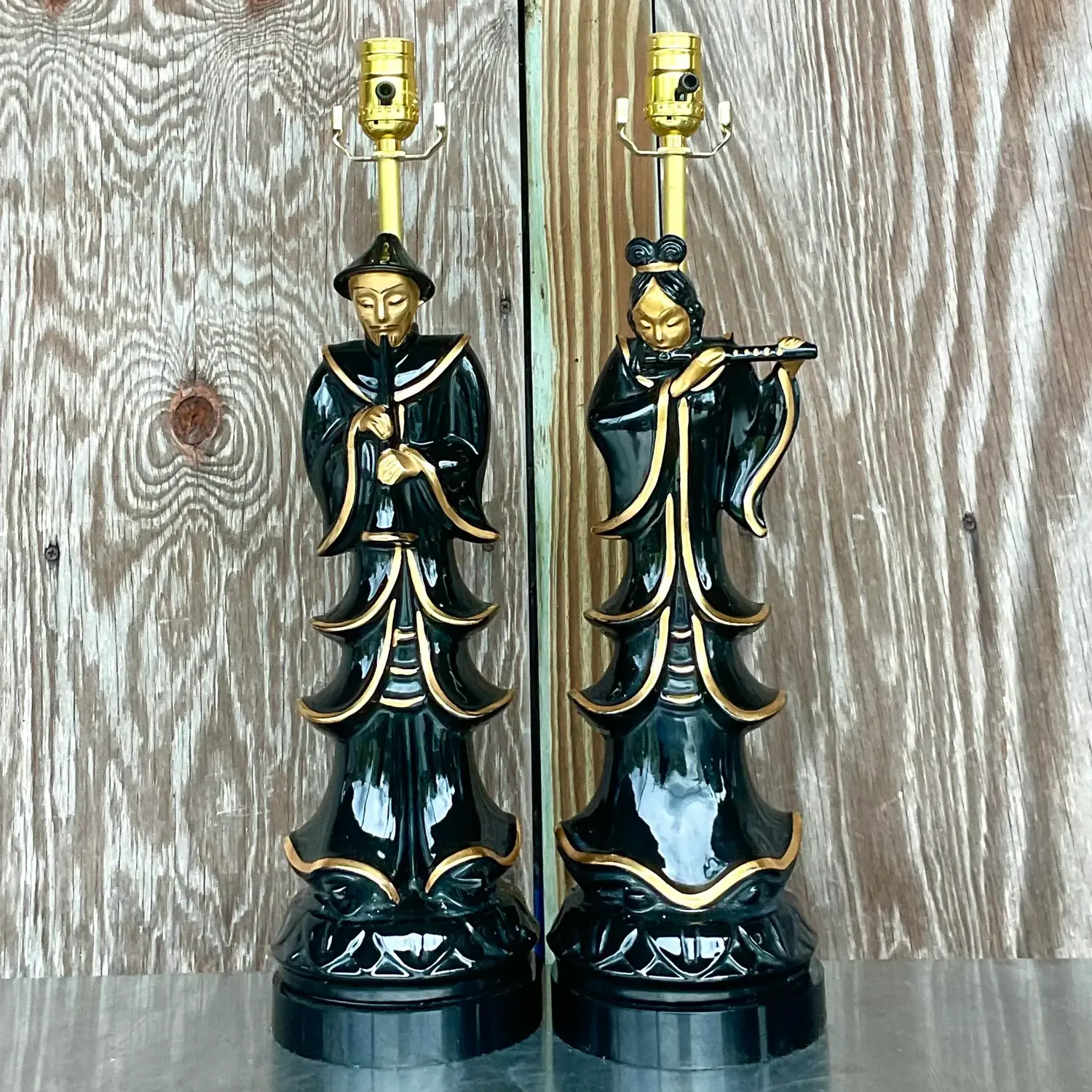 Vintage Asian Glazed Ceramic Emperor Lamps - a Pair - Back view
