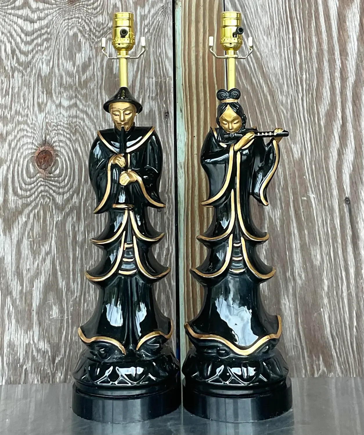 Vintage Asian Glazed Ceramic Emperor Lamps - a Pair - Detail view