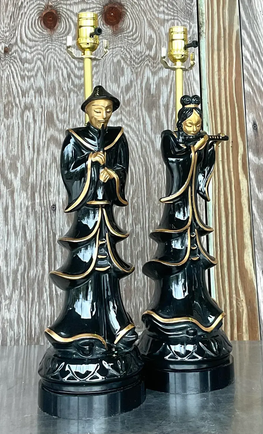 Vintage Asian Glazed Ceramic Emperor Lamps - a Pair - Side view