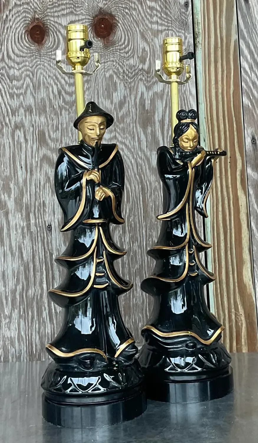 Vintage Asian Glazed Ceramic Emperor Lamps - a Pair - Top view