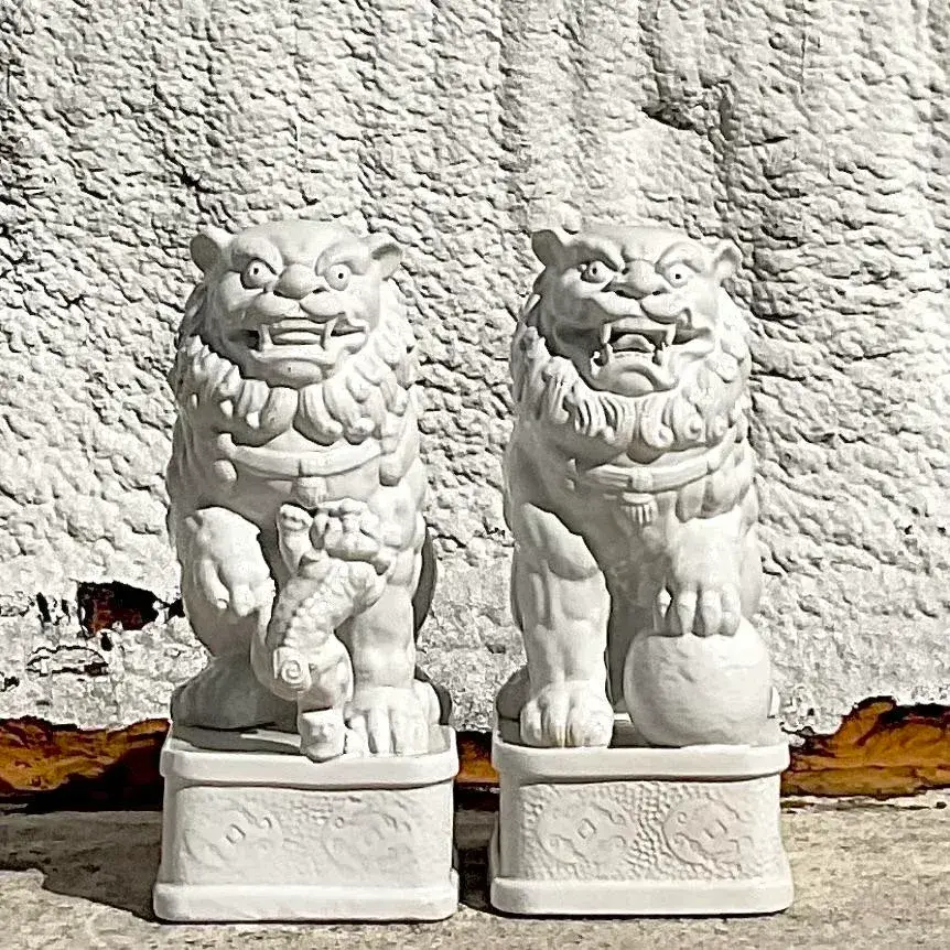 Vintage Asian Glazed Ceramic Foo Dogs - a Pair - Side view