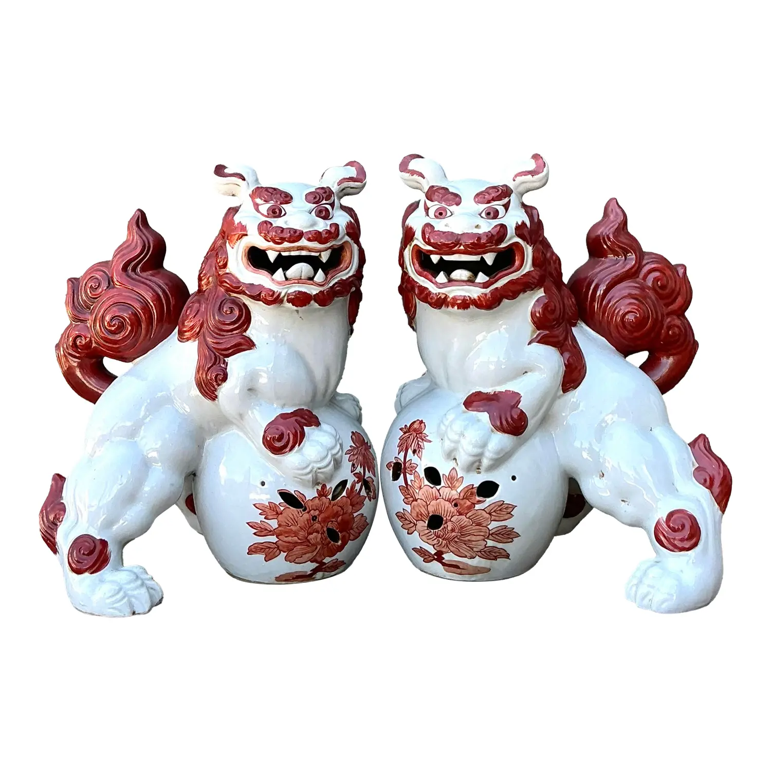 Vintage Asian Glazed Ceramic Foo Dogs - Set of 2 - Detail view
