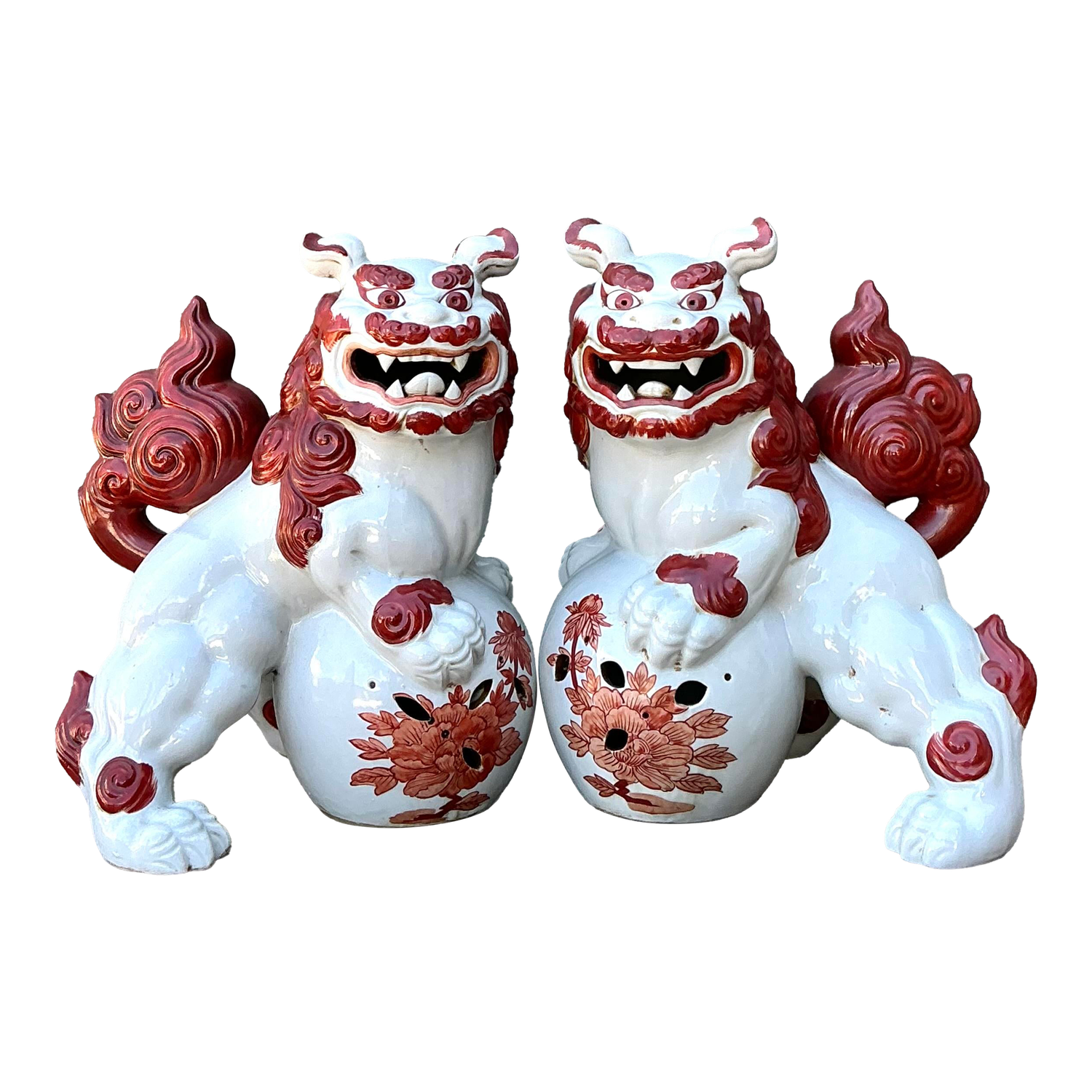 Vintage Asian Glazed Ceramic Foo Dogs - Set of 2 - Side view