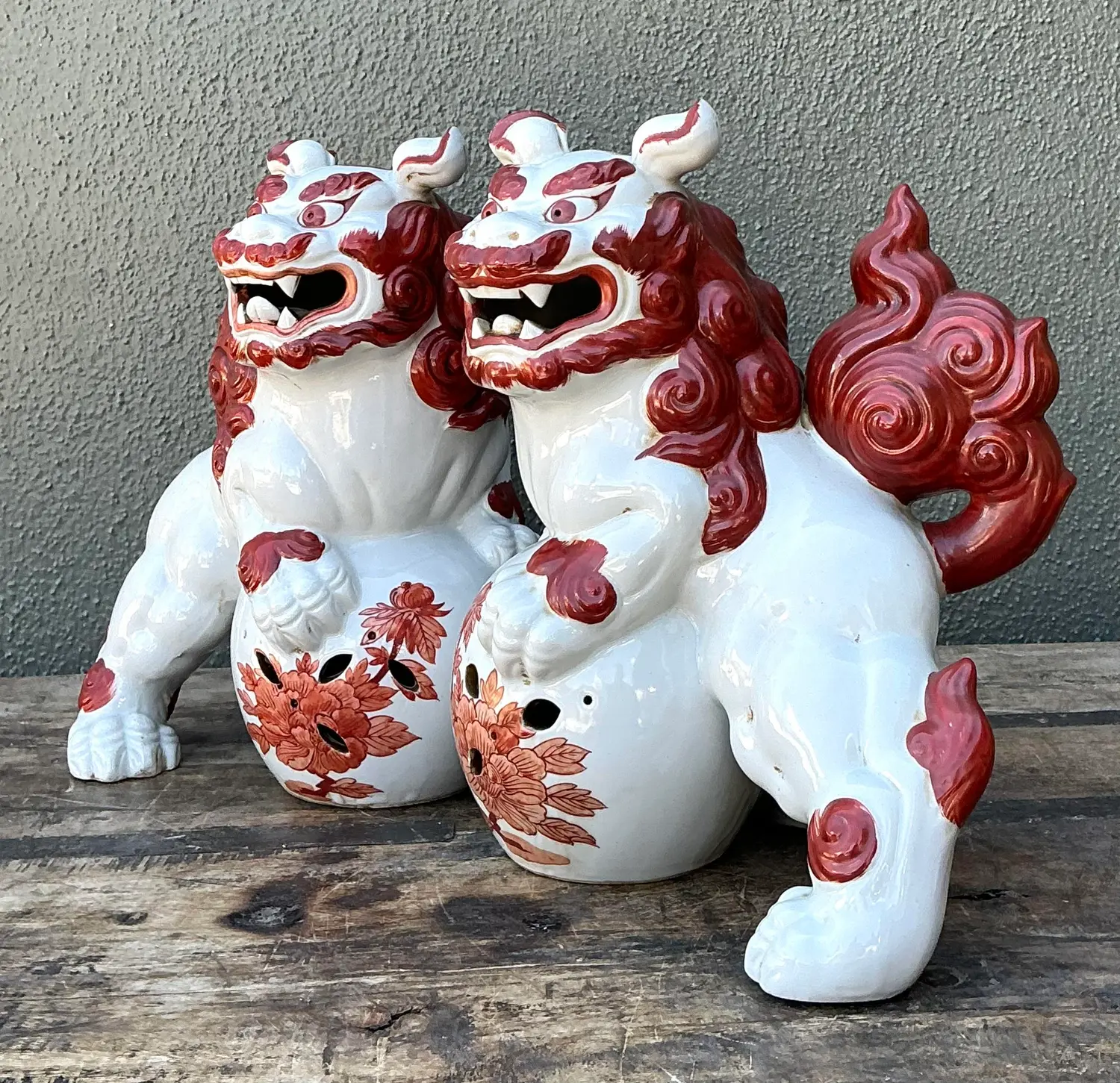Vintage Asian Glazed Ceramic Foo Dogs - Set of 2 - Back view