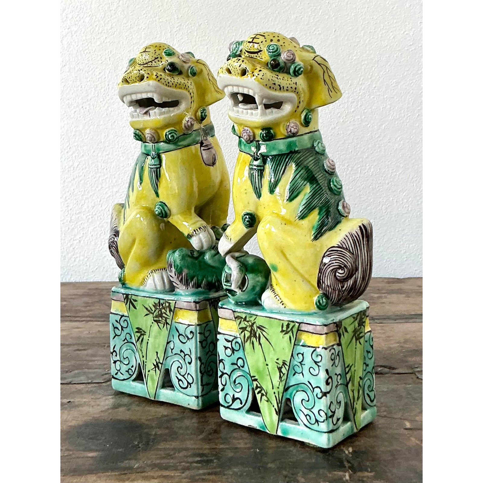 Vintage Asian Glazed Ceramic Guardian Lions - A Pair - Back view
