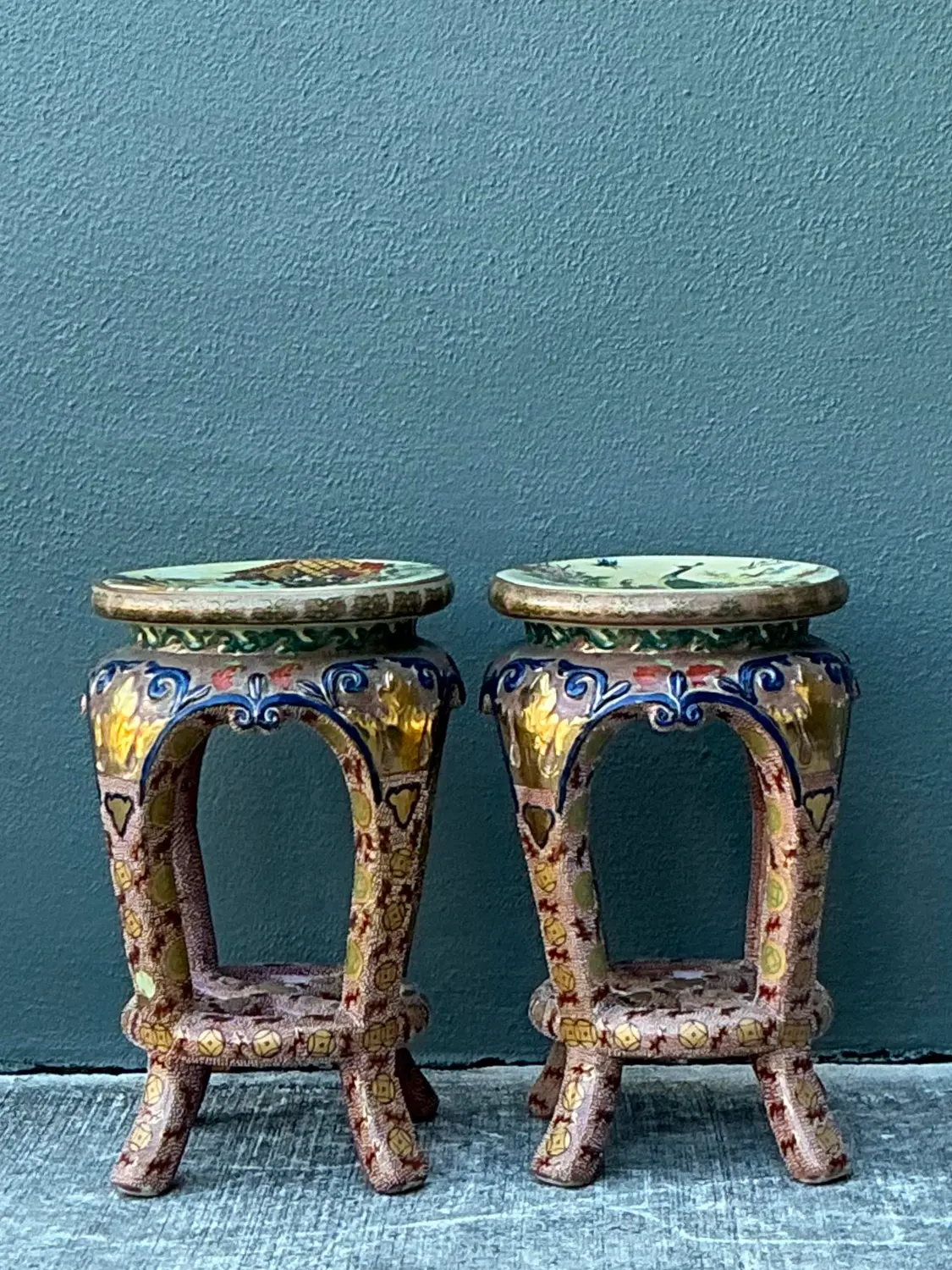 Vintage Asian Glazed Ceramic Low Stools - A Pair - Detail view