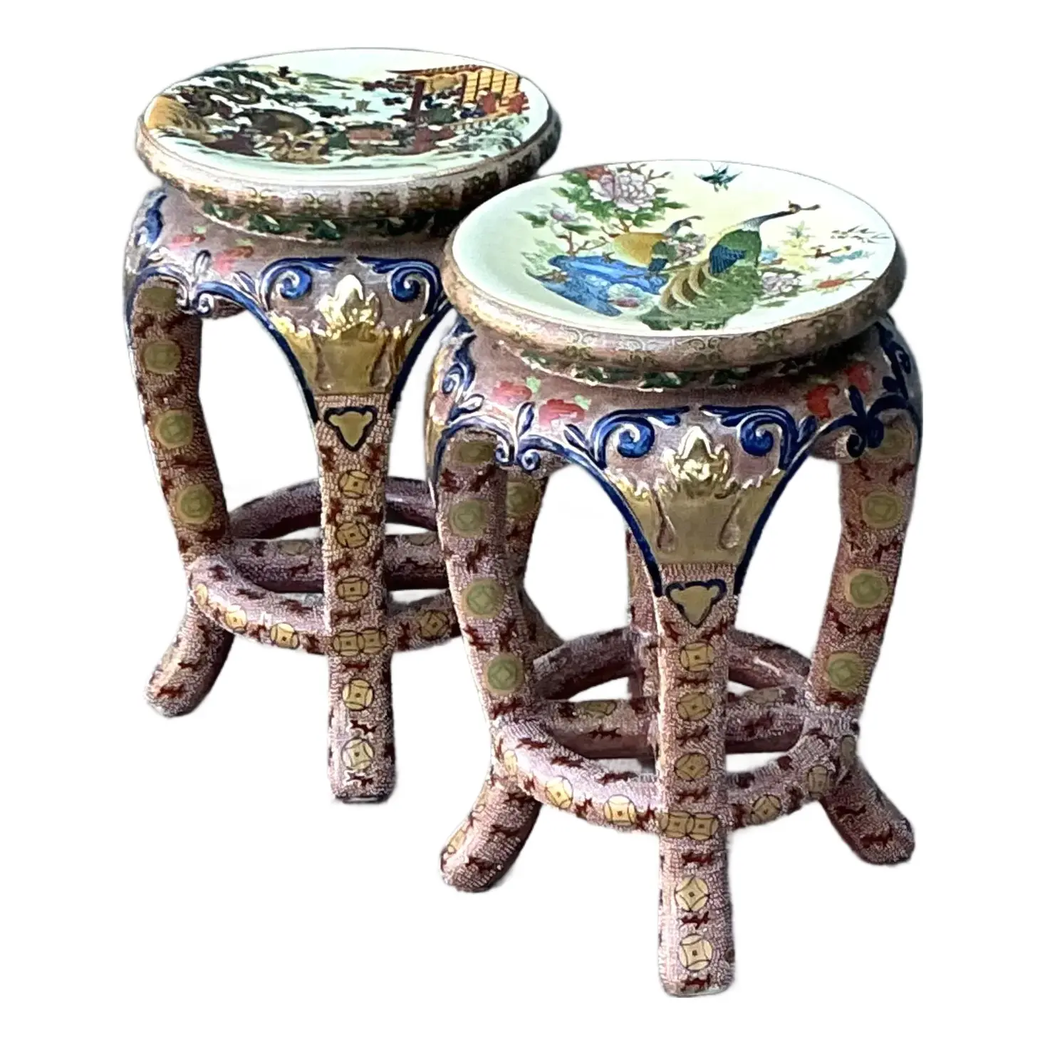 Vintage Asian Glazed Ceramic Low Stools - A Pair