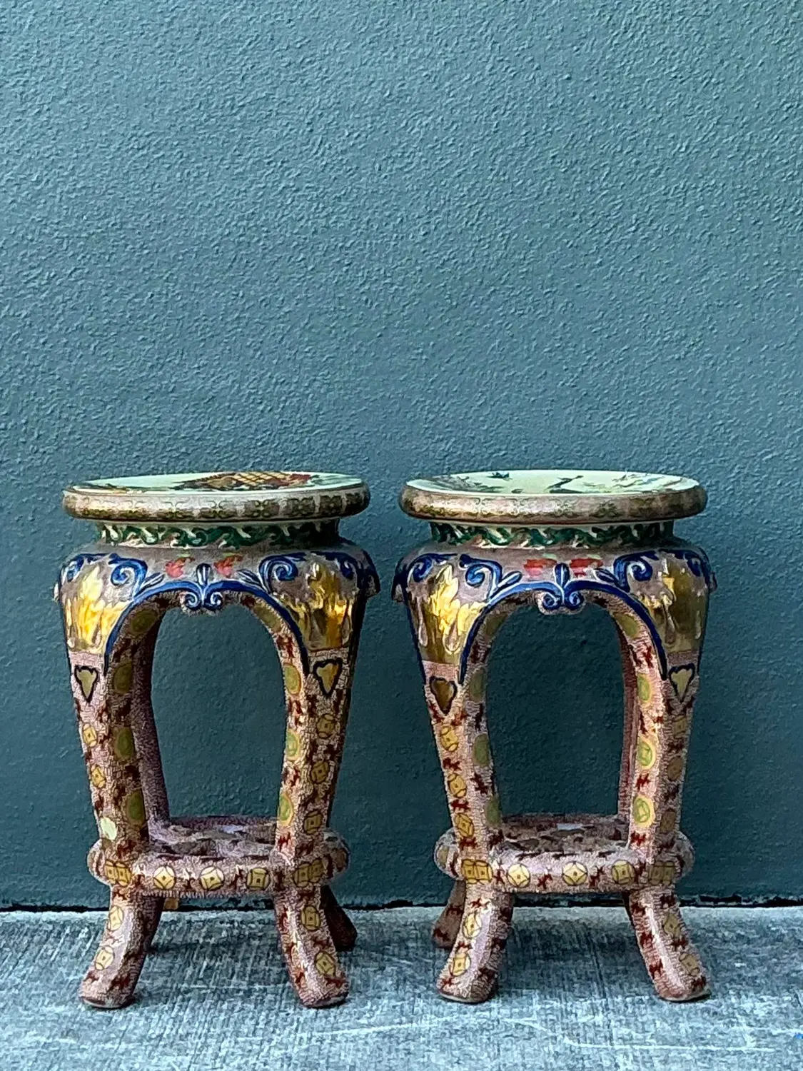 Vintage Asian Glazed Ceramic Low Stools - A Pair - Side view