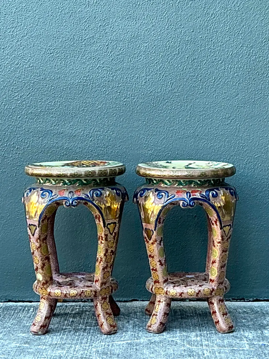 Vintage Asian Glazed Ceramic Low Stools - A Pair - Back view
