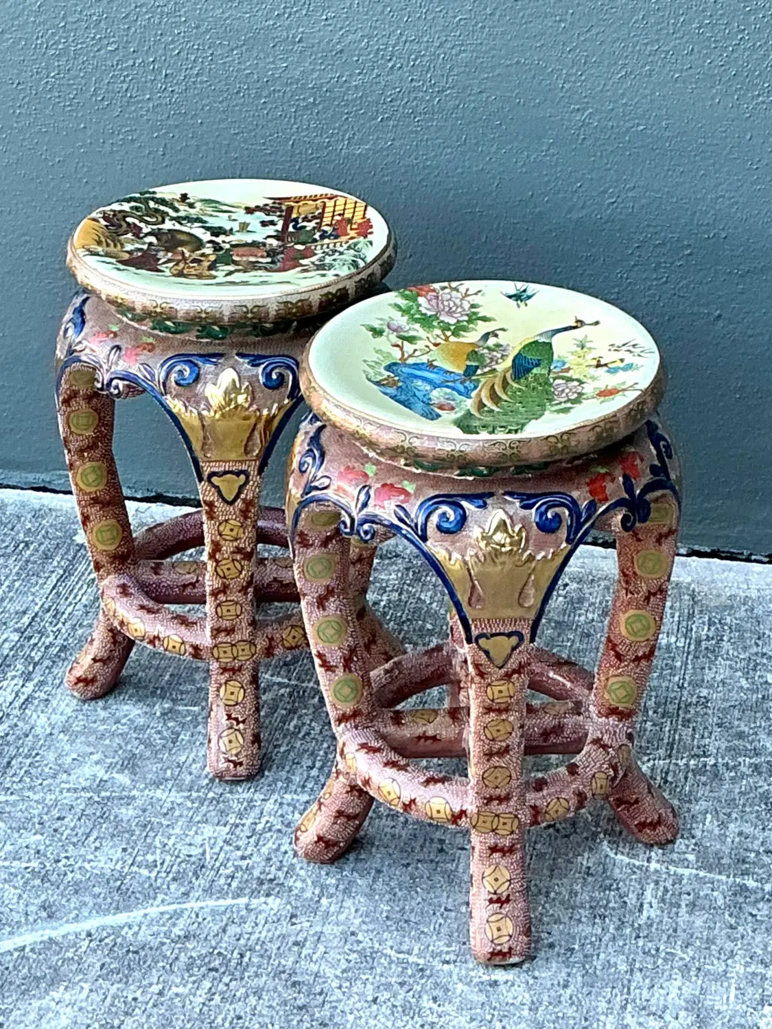 Vintage Asian Glazed Ceramic Low Stools - A Pair - Top view