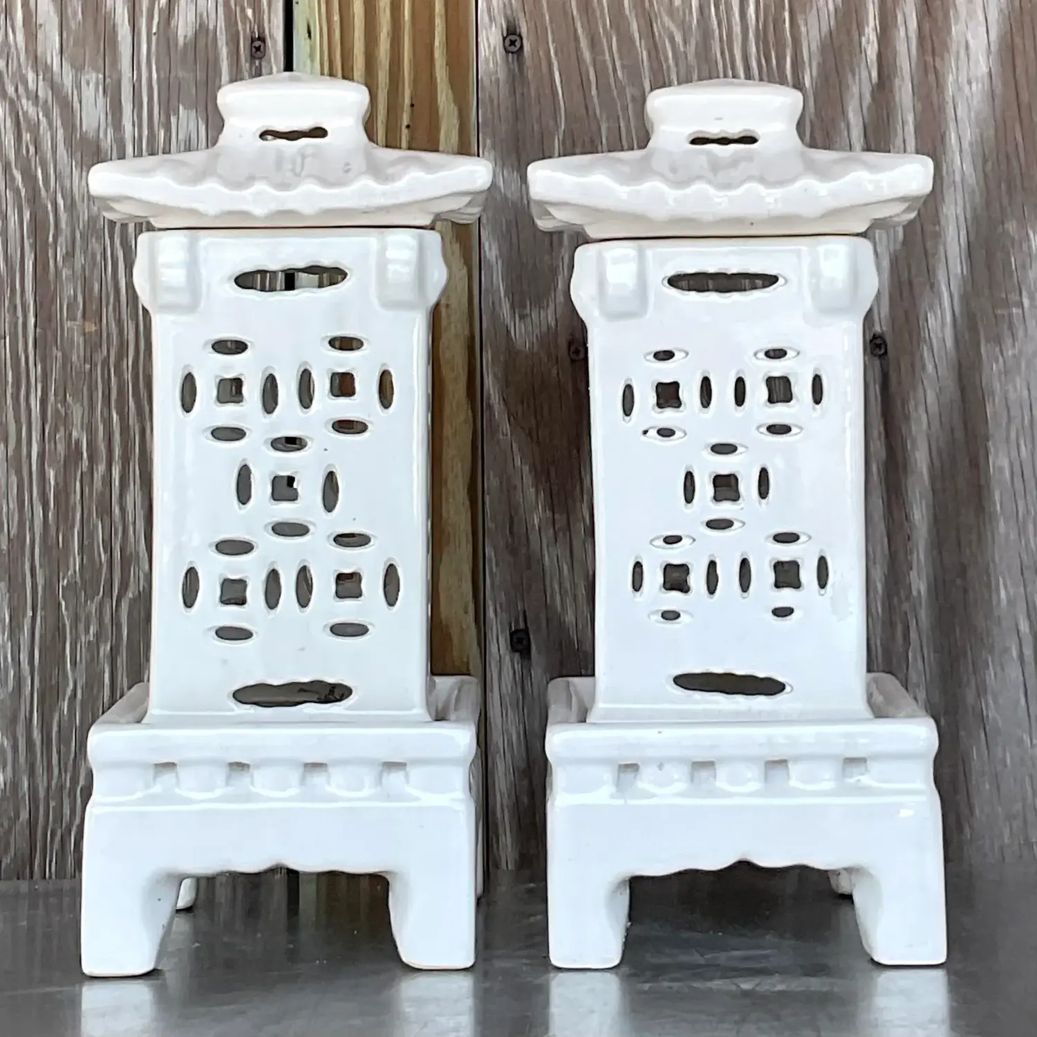 Vintage Asian Glazed Ceramic Pagoda Lanterns - a Pair - Detail view