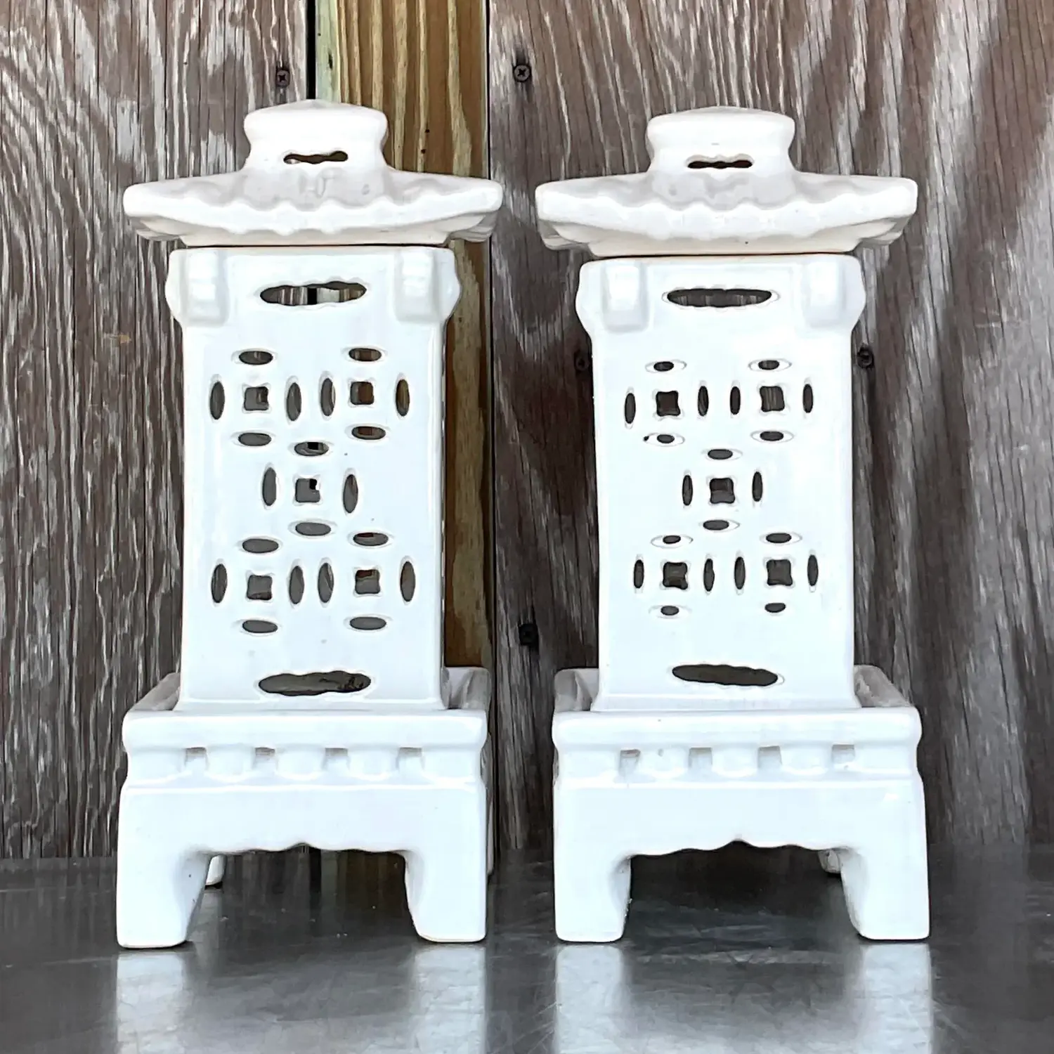 Vintage Asian Glazed Ceramic Pagoda Lanterns - a Pair - Back view