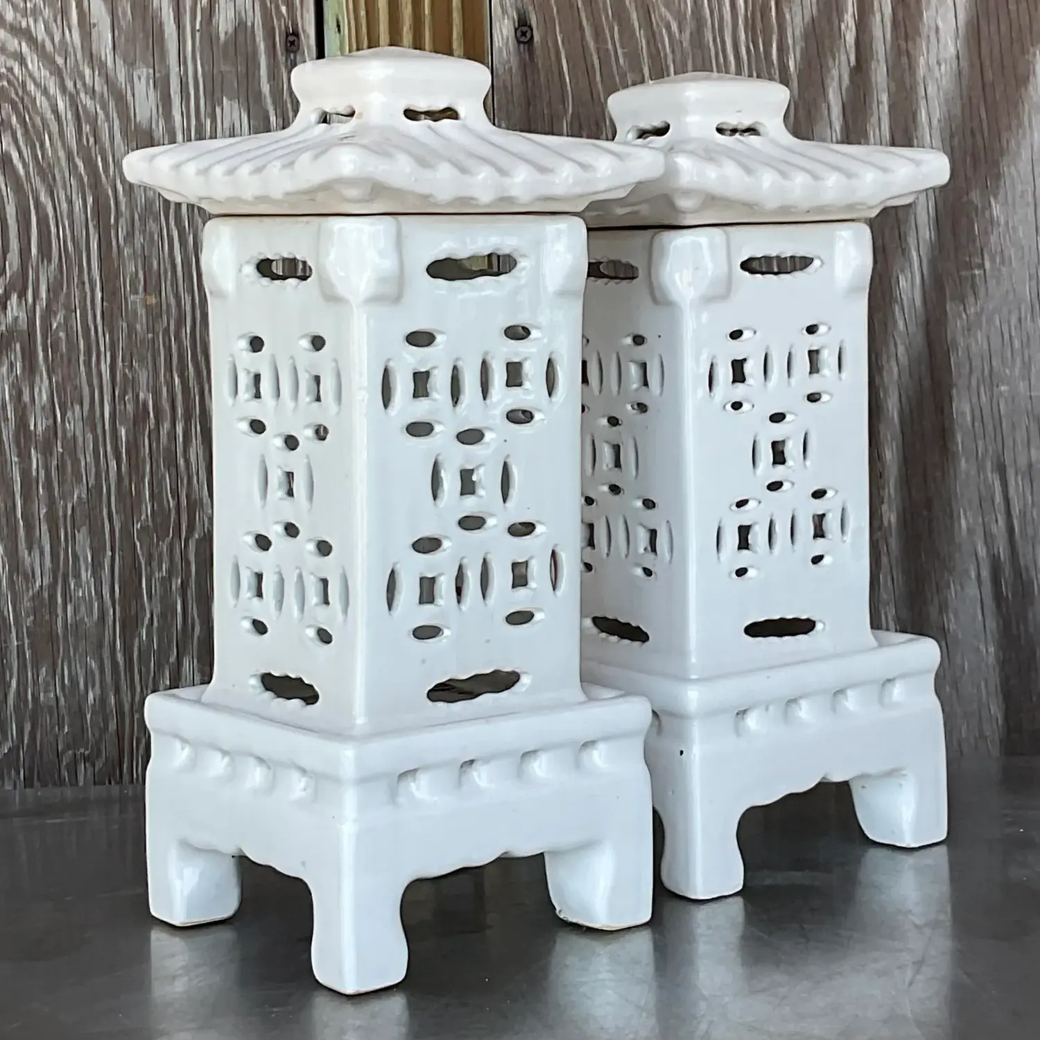 Vintage Asian Glazed Ceramic Pagoda Lanterns - a Pair - Top view