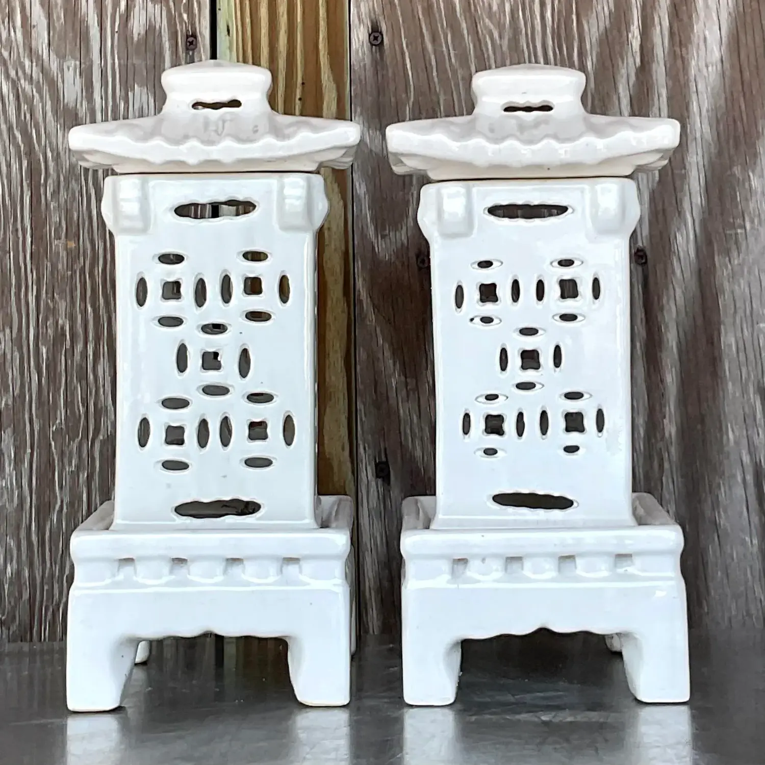Vintage Asian Glazed Ceramic Pagoda Lanterns - a Pair - Side view