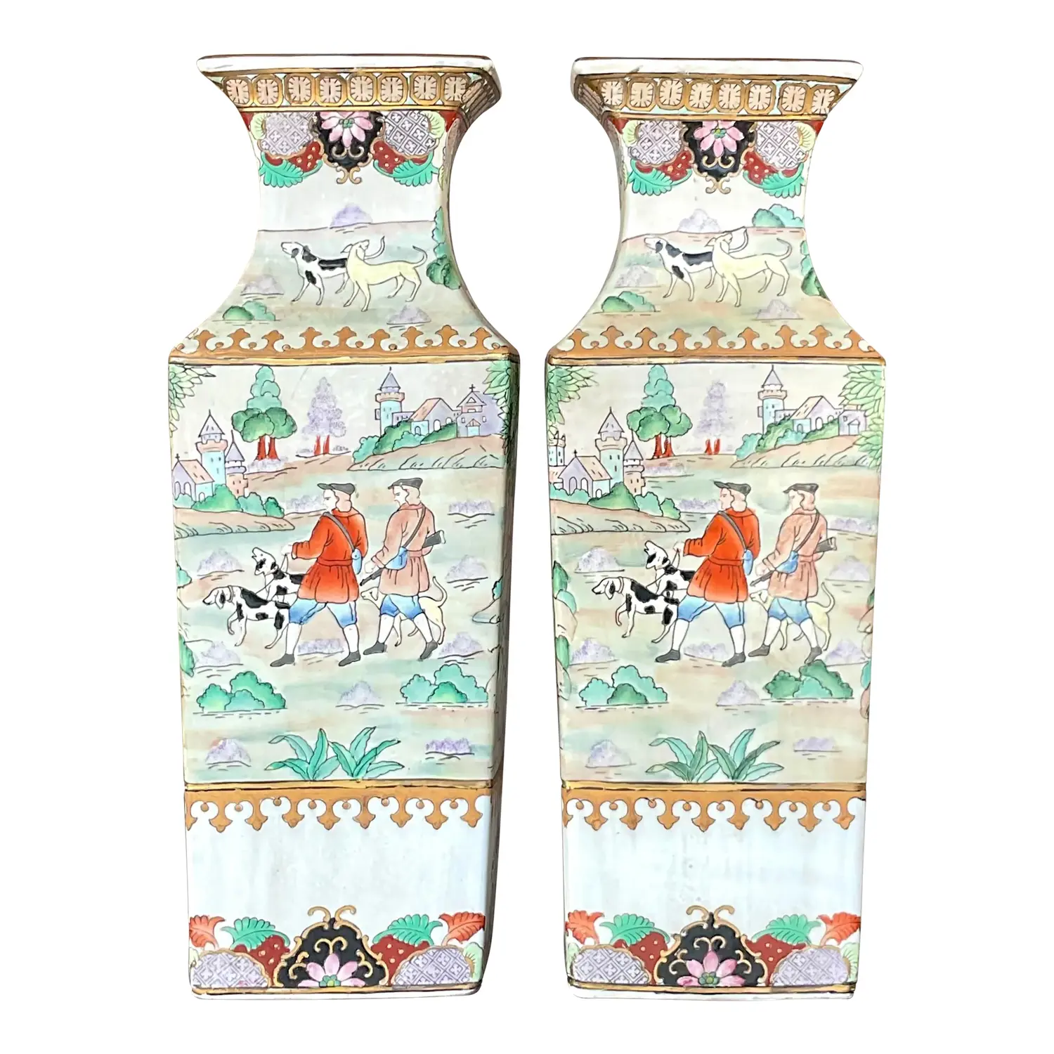 Vintage Asian Glazed Ceramic Pastoral Vases - a Pair