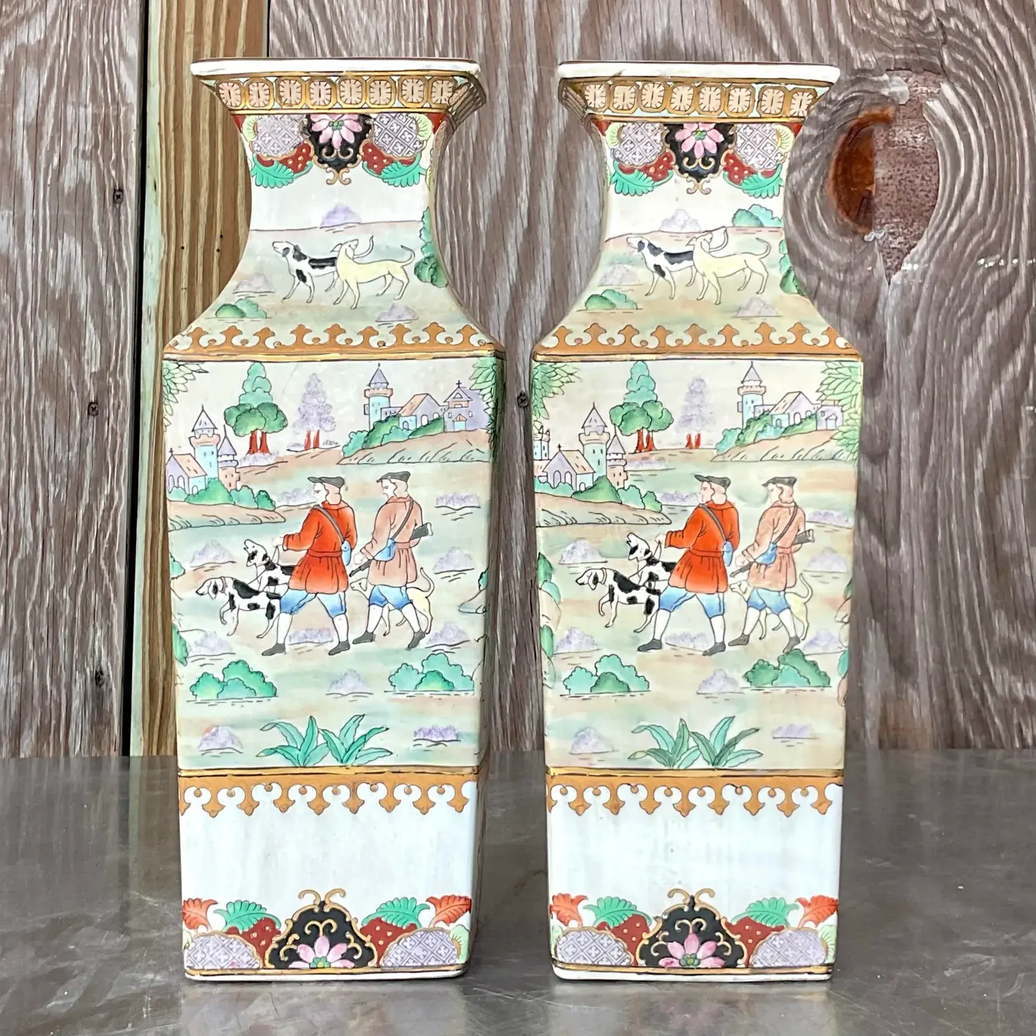 Vintage Asian Glazed Ceramic Pastoral Vases - a Pair - Detail view