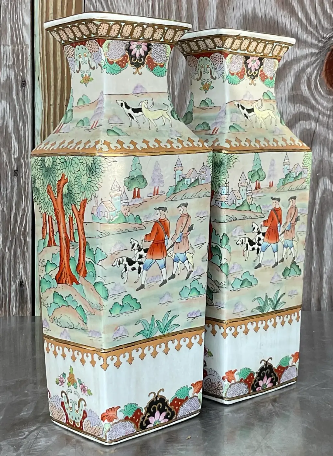 Vintage Asian Glazed Ceramic Pastoral Vases - a Pair - Top view