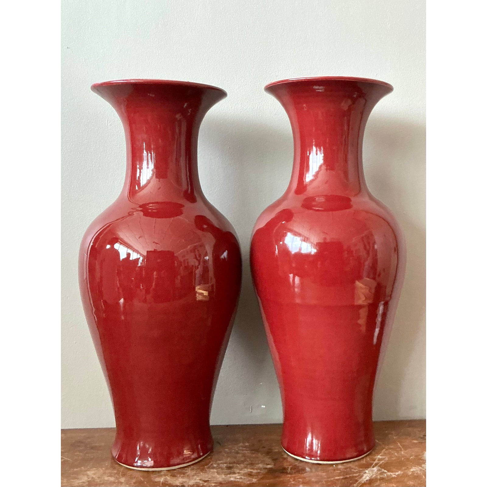 Vintage Asian Glazed Ceramic ”Sang De Bouf” Vase - A Pair - Side view
