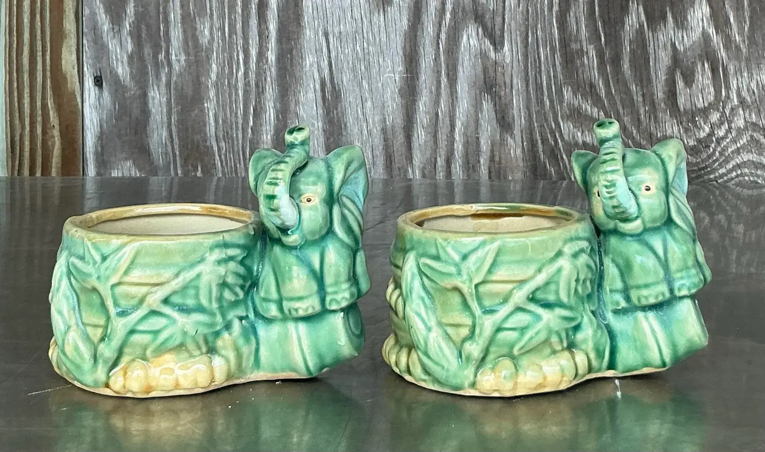 Vintage Asian Glazed Elephant Small Planters - A Pair - Top view