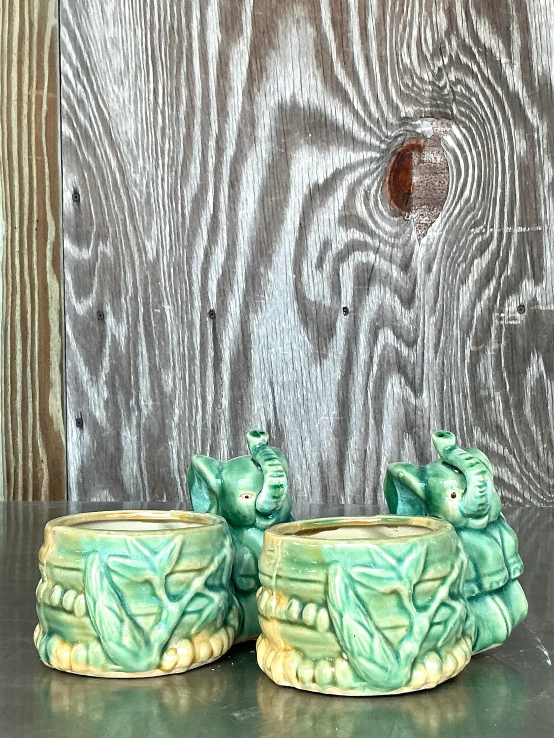 Vintage Asian Glazed Elephant Small Planters - A Pair - Side view