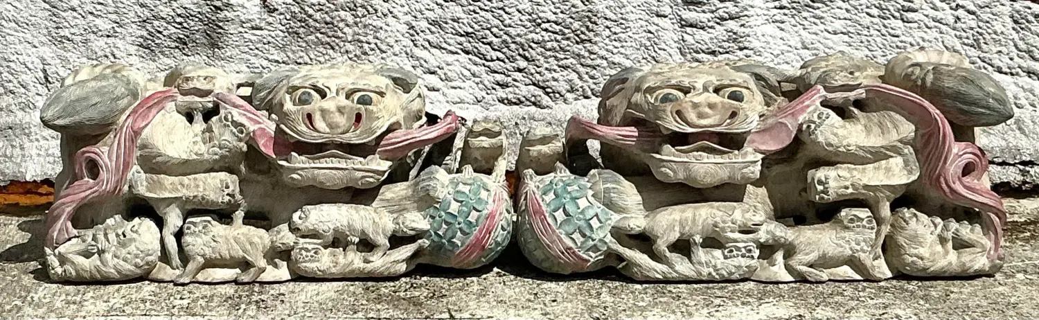 Vintage Asian Hand Carved Foo Dogs - a Pair - Side view
