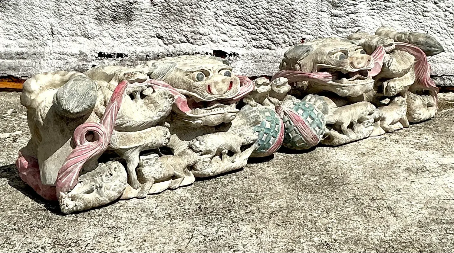 Vintage Asian Hand Carved Foo Dogs - a Pair - Back view