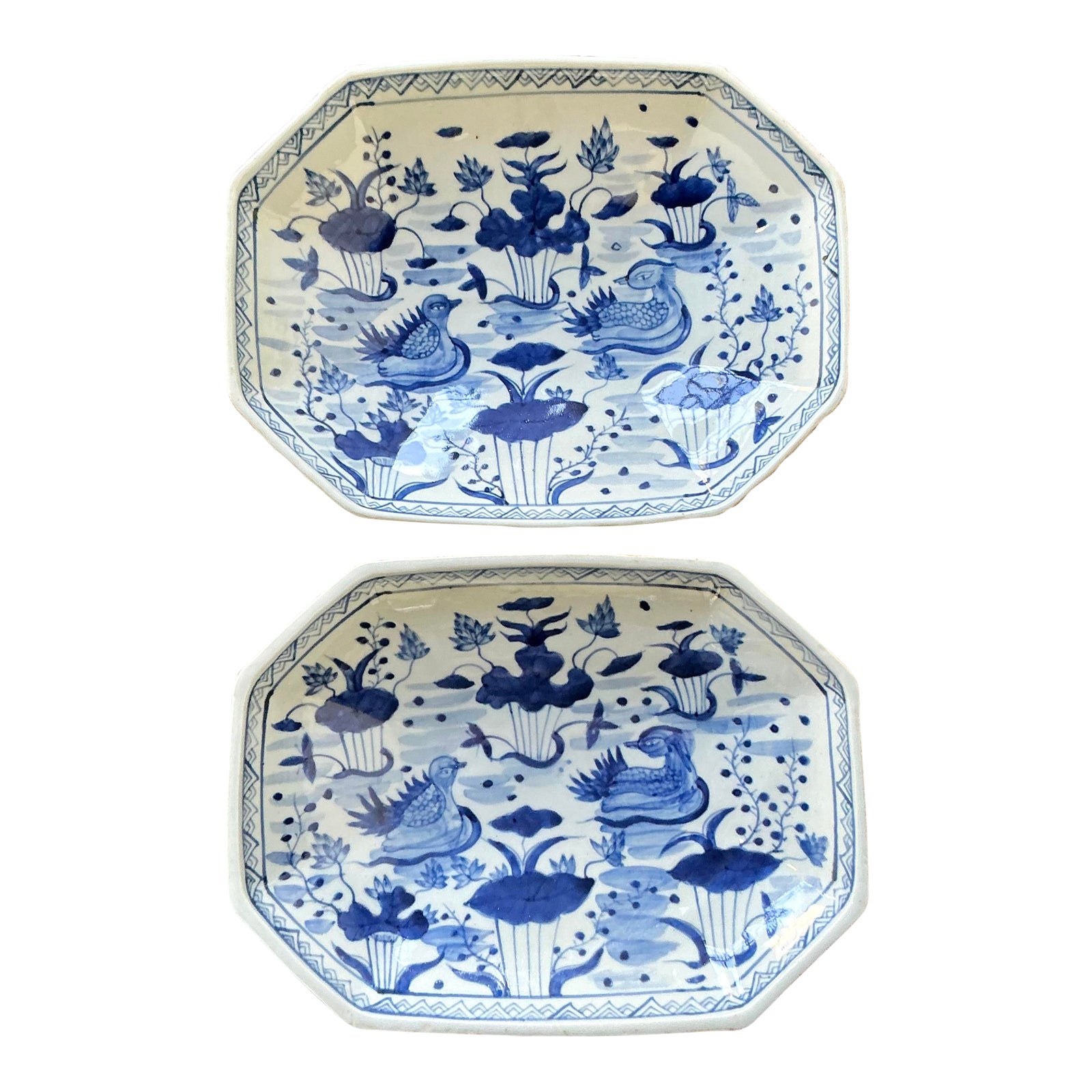 Vintage Asian Hand Painted Chinoiserie Octagon Bowl - Set of Two
