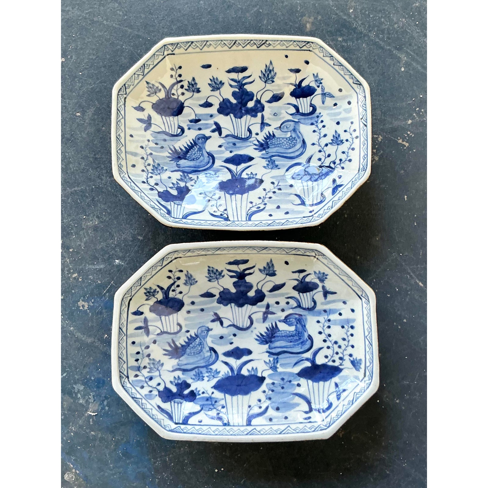 Vintage Asian Hand Painted Chinoiserie Octagon Bowl - Set of Two - Back view