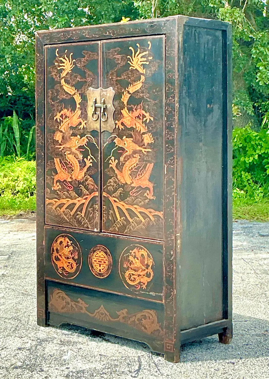 Vintage Asian Hand Painted Dragon Cabinet - Side view