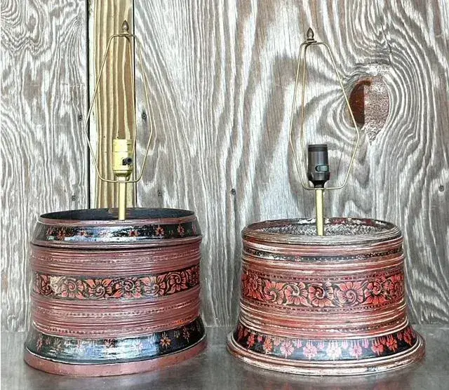 Vintage Asian Hand Painted Drum Lamps - Set of 2 - Side view