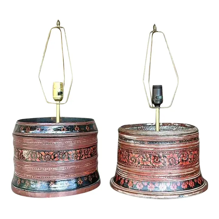 Vintage Asian Hand Painted Drum Lamps - Set of 2