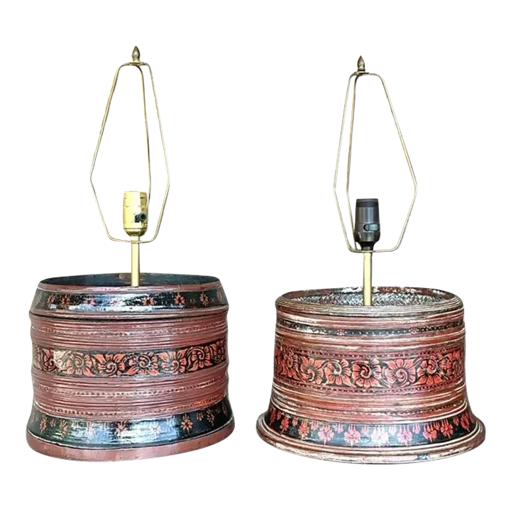 Vintage Asian Hand Painted Drum Lamps - Set of 2 - Detail view