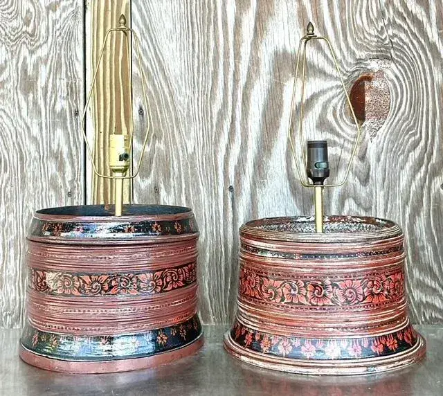 Vintage Asian Hand Painted Drum Lamps - Set of 2 - Back view