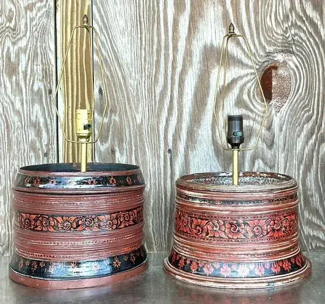 Vintage Asian Hand Painted Drum Lamps - Set of 2 - Top view
