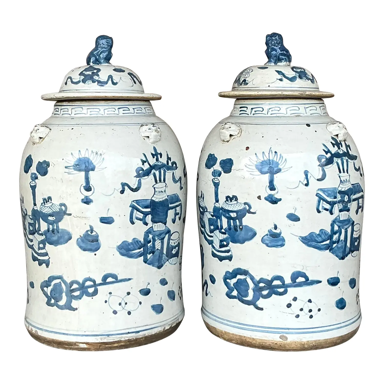 Vintage Asian Hand Painted Foo Dog Ginger Jars - a Pair