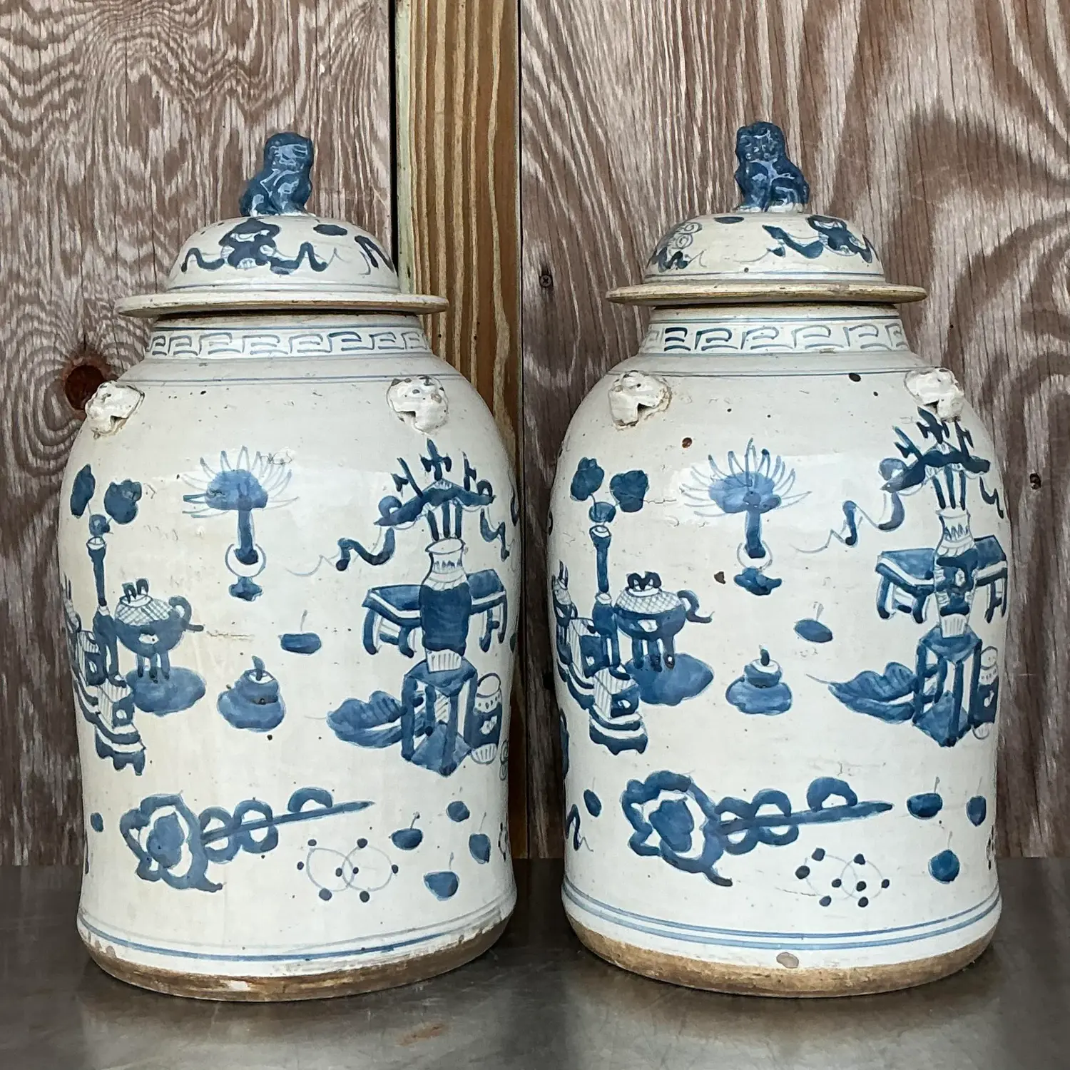 Vintage Asian Hand Painted Foo Dog Ginger Jars - a Pair - Top view
