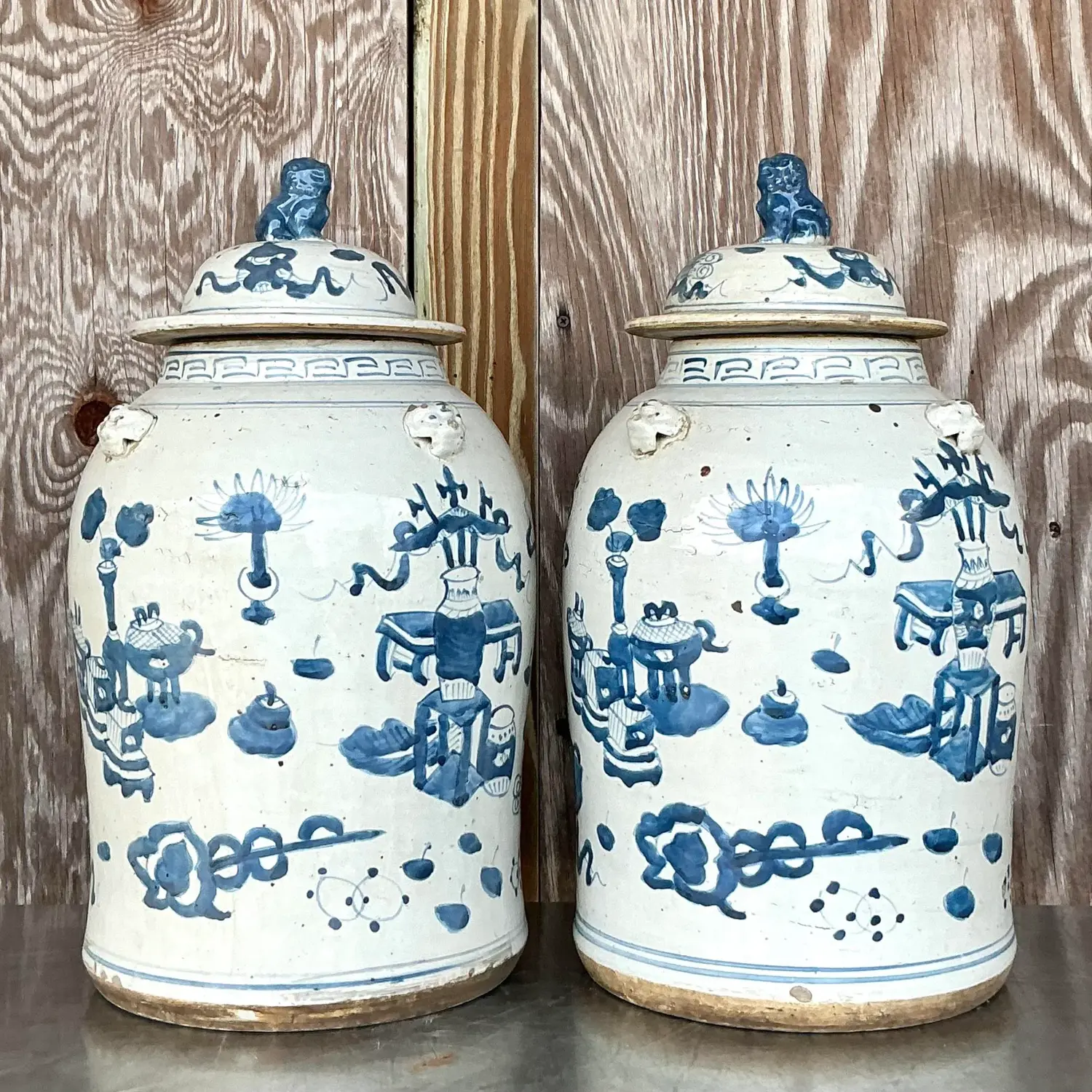 Vintage Asian Hand Painted Foo Dog Ginger Jars - a Pair - Side view