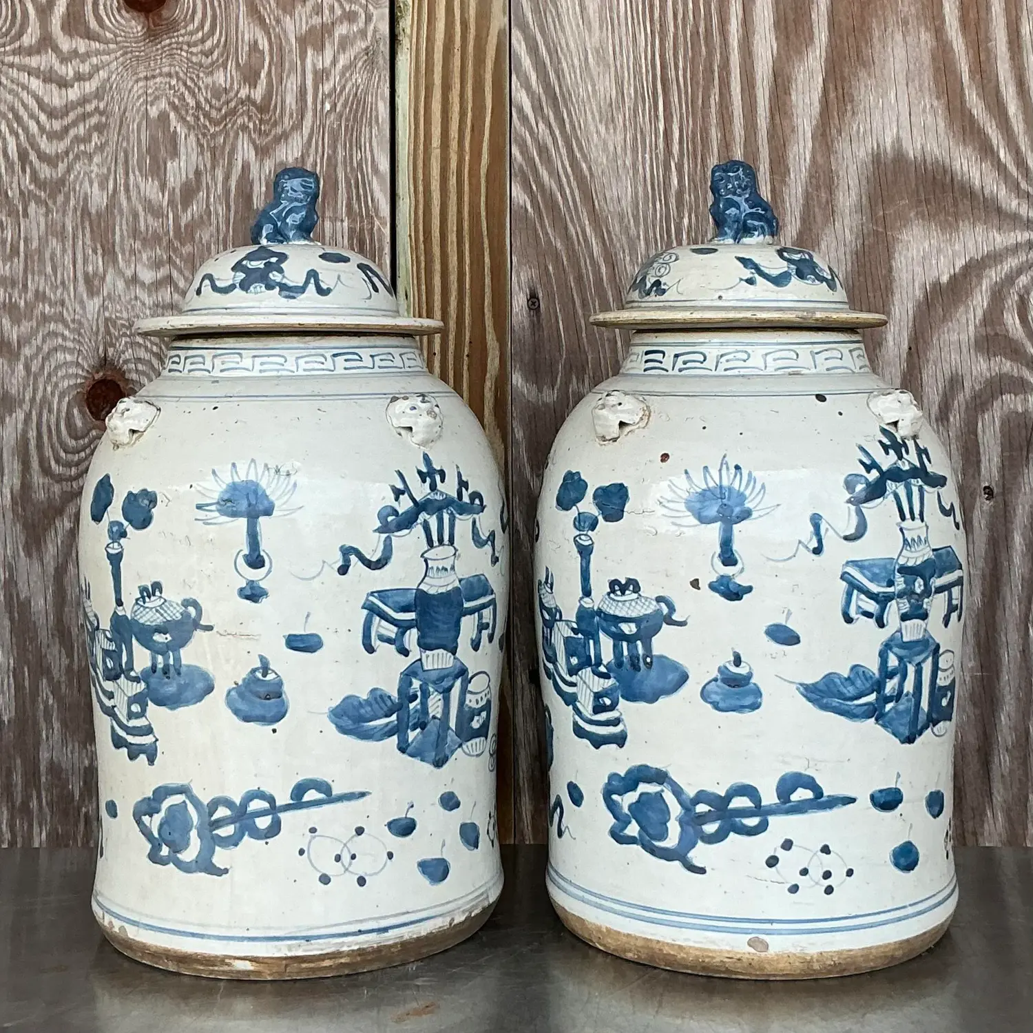 Vintage Asian Hand Painted Foo Dog Ginger Jars - a Pair - Detail view