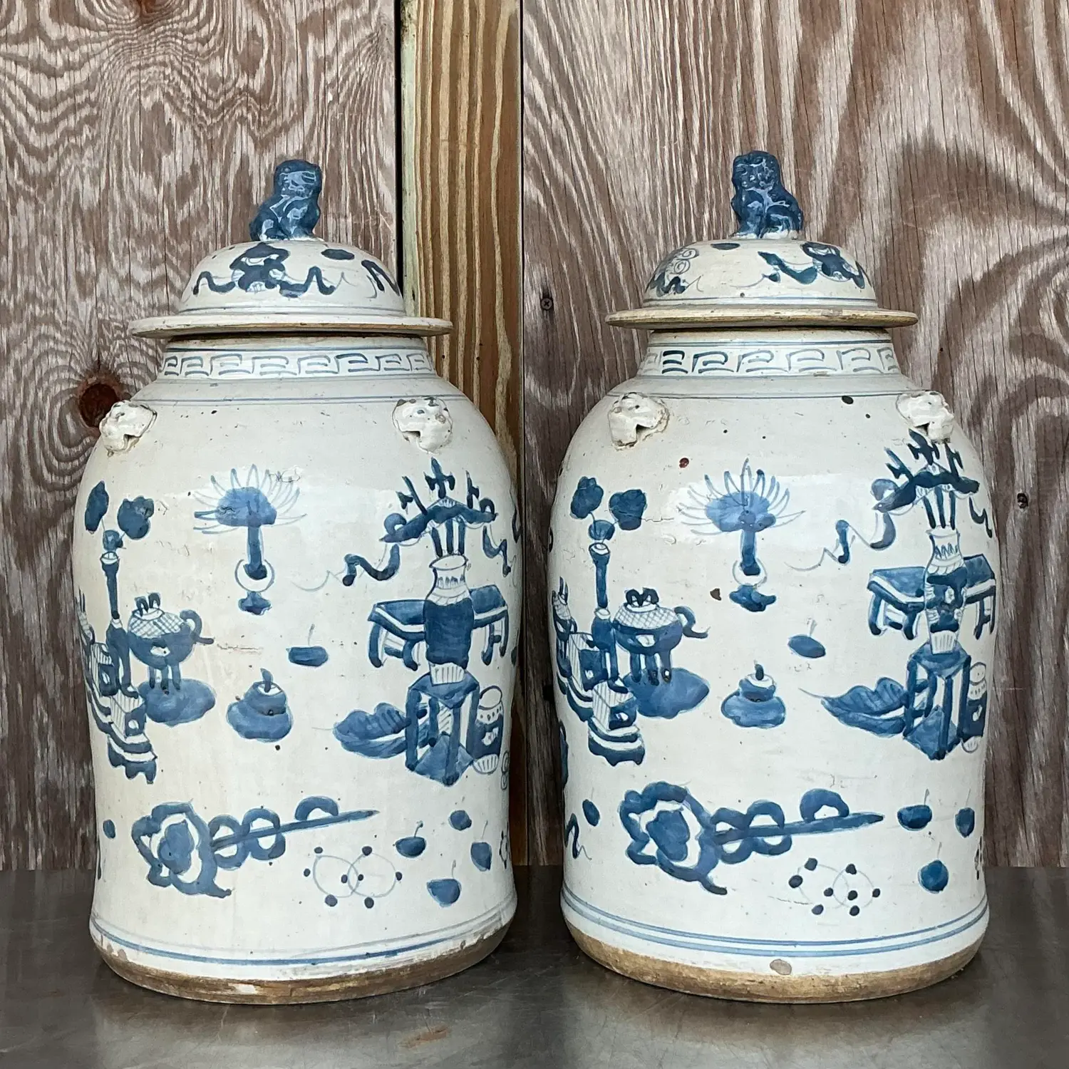 Vintage Asian Hand Painted Foo Dog Ginger Jars - a Pair - Back view