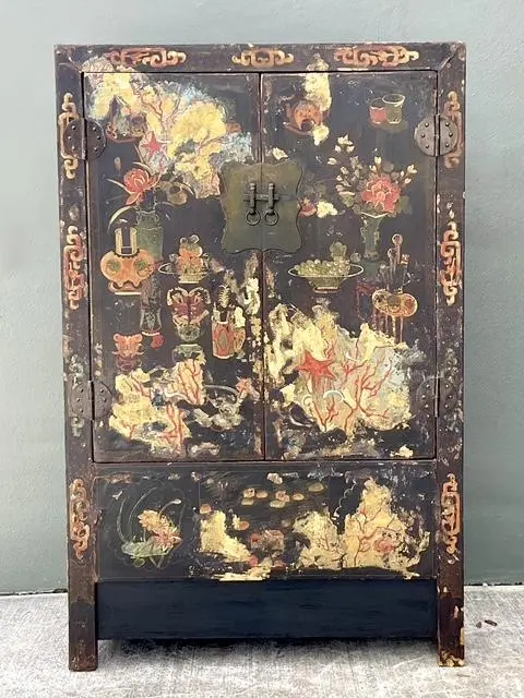 Vintage Asian Hand Painted Wedding Cabinet - Back view