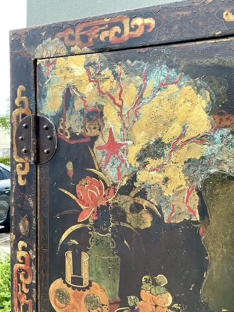Vintage Asian Hand Painted Wedding Cabinet - Side view