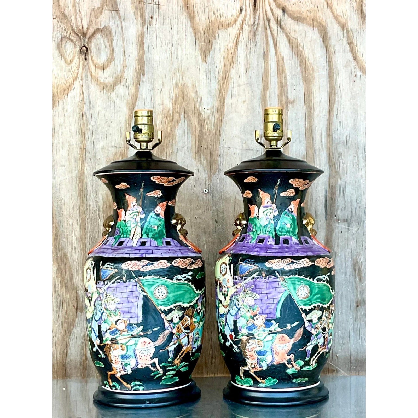 Vintage Asian Jewel Tone Chinoiserie Ceramic Lamps - a Pair - Detail view